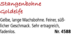 Stangenbohne Goldelfe Gelbe, lange Wachsbohne. Feiner, s licher Geschmack. Sehr ertragreich, fadenlos. Nr. 4588