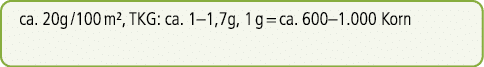ca. 20g /100 m², TKG: ca. 1–1,7g, 1 g = ca. 600–1.000 Korn