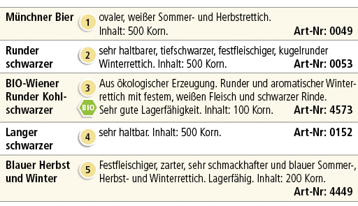 M nchner Bier,￼,ovaler, wei er Sommer und Herbstrettich. Inhalt: 500 Korn. Art Nr: 0049,Runder schwarzer,￼,sehr haltb...