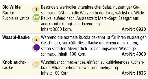 Bio Wilde Rauke Rucola selvatica,￼ ￼,Besonders wertvoller vitaminreicher Salat, nussartiger Geschmack, l t man die W...