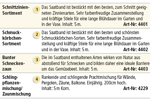 Schnittzinien Sortiment,￼,Das Saatband ist best ckt mit den besten, zum Schnitt geeigneten Zinnienarten. Sehr farbenf...