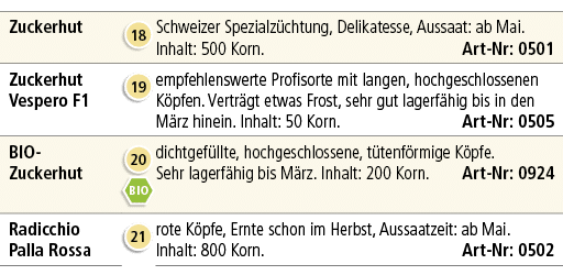 Zuckerhut,￼,Schweizer Spezialz chtung, Delikatesse, Aussaat: ab Mai. Inhalt: 500 Korn. Art Nr: 0501,Zuckerhut Vespero...