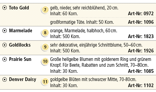 ￼,Toto Gold,￼,gelb, nieder, sehr reichbl hend, 20 cm. Inhalt: 60 Korn. Art Nr: 0972,,,,gro formatige T te. Inhalt: 50...
