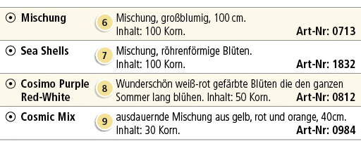 ￼,Mischung ,￼,Mischung, gro blumig, 100 cm. Inhalt: 100 Korn. Art Nr: 0713,￼,Sea Shells,￼,Mischung, r hrenf rmige Bl ...