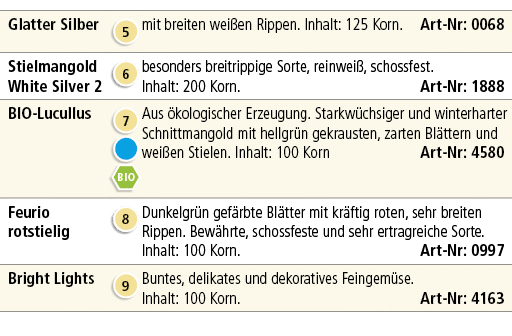 Glatter Silber,￼,mit breiten wei en Rippen. Inhalt: 125 Korn. Art Nr: 0068,Stielmangold White Silver 2,￼,besonders br...