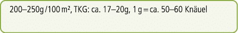 200–250g /100 m², TKG: ca. 17–20g, 1 g = ca. 50–60 Kn uel