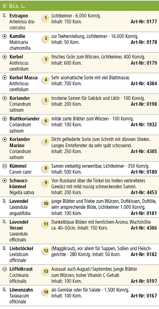 E bis L,,,￼,Estragon Artemisia dracunculus,￼,Lichtkeimer · 6.000 Korn/g. Inhalt: 150 Korn. Art Nr: 0177,￼,Kamille Mat...