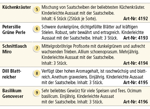 K chenkr uter,￼,Mischung von Saatscheiben der beliebtesten K chen­kr uter. Kinderleichte Aussaat mit der Saatscheibe....