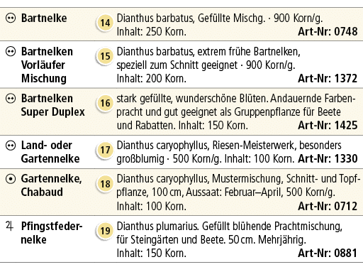 ￼,Bartnelke,￼,Dianthus barbatus, Gef llte Mischg. · 900 Korn/g. Inhalt: 250 Korn. Art Nr: 0748,￼,Bartnelken Vorl ufer...