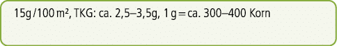 15g /100 m², TKG: ca. 2,5–3,5g, 1 g = ca. 300–400 Korn