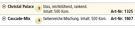 ￼,Christal Palace,￼,blau, reichbl hend, rankend. Inhalt: 500 Korn. Art Nr: 1325,￼,Cascade Mix,￼,farbenreiche Mischung...
