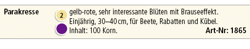 Parakresse,￼ ￼,gelb rote, sehr interessante Bl ten mit Brauseeffekt. Einj hrig, 30–40 cm, f r Beete, Rabatten und K b...