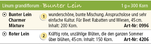 Linum grandiflorum · Bunter Lein 1 g = 300 Korn,￼,Bunter Lein Charmer Mixture,￼,wundersch ne, bunte Mischung. Anspruc...