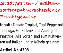 Stadtgarten / Balkon­sortiment verschiedener Fruchtgem se Inhalt: Tomate Tropical, Topf Pepperoni Tabaluga, Gurke Izn...