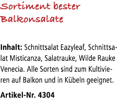 Sortiment bester Balkonsalate Inhalt: Schnittsalat Eazyleaf, Schnittsalat Misticanza, Salatrauke, Wilde Rauke Venecia...