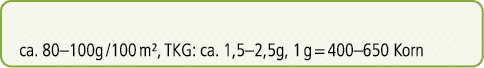 ca. 80–100g /100 m², TKG: ca. 1,5–2,5g, 1 g = 400–650 Korn