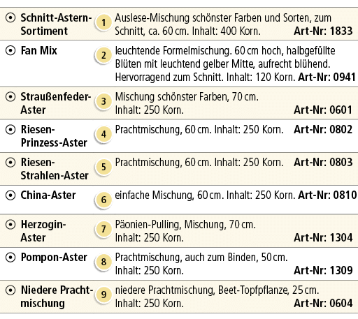 ￼,Schnitt Astern Sortiment,￼,Auslese Mischung sch nster Farben und Sorten, zum Schnitt, ca. 60 cm. Inhalt: 400 Korn. ...