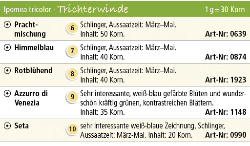 Ipomea tricolor · Trichterwinde 1 g = 30 Korn,￼,Pracht­mischung,￼,Schlinger, Aussaatzeit: M rz–Mai. Inhalt: 50 Korn. ...